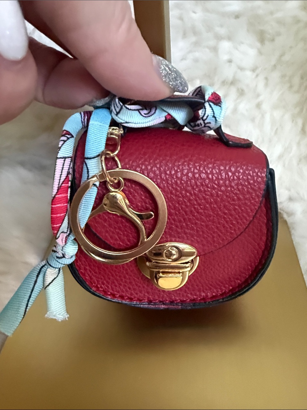 Mini Red Top-Handle BAG CHARM or AIRPOD CASE with Scarf Accent